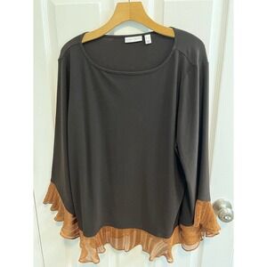 Susan Graver XL Tunic 3/4 Flared Sleeves Ruffle Trim Brown Orange Preowned​